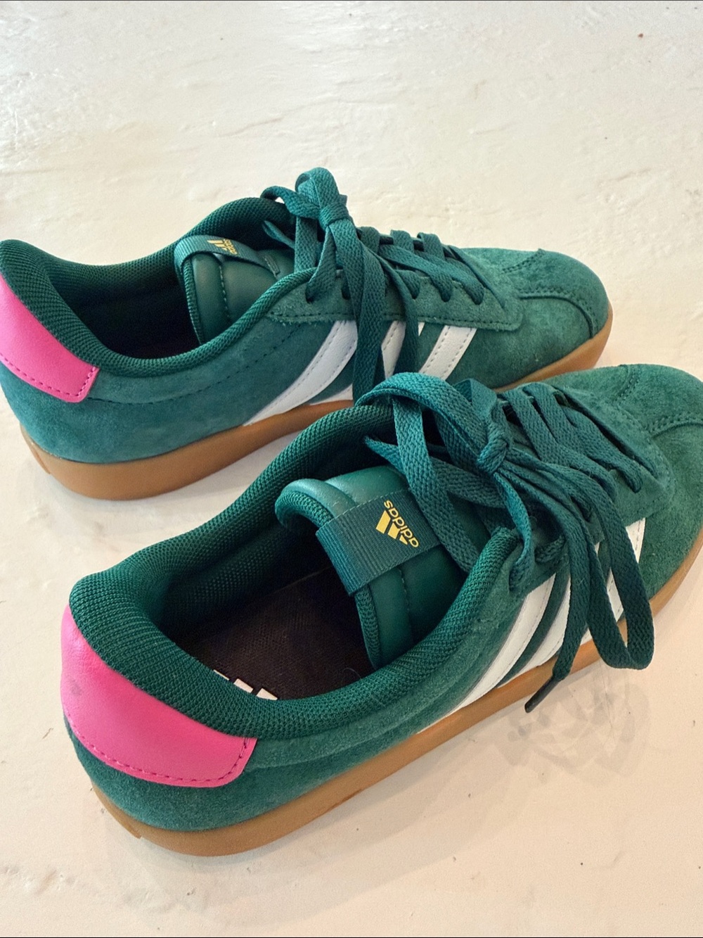adidas Green Suede Sneakers with White Stripes and Pink Heel Tab